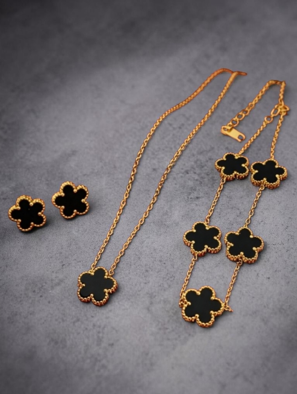 Black Clover Necklace Bracelet Earrings Set Gold Tone Flower Jewelry